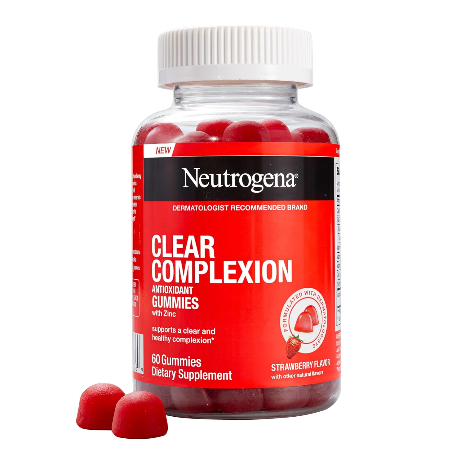 Neutrogena Clear Complexion Antioxidant Gummies With Zinc, Daily Skincare Supplement With Vitamin A, Vitamin C & Vitamin E For Clear, Healthy Skin + Probiotics, Strawberry Flavor, 60 Ct