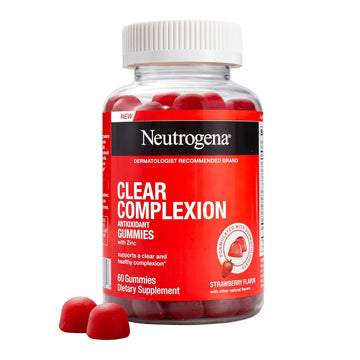 Neutrogena Clear Complexion Antioxidant Gummies With Zinc, Daily Skincare Supplement With Vitamin A, Vitamin C & Vitamin E For Clear, Healthy Skin + Probiotics, Strawberry Flavor, 60 Ct