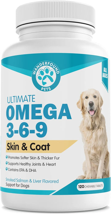 Wanderfound Pets - Omega 3 for Dogs, Skin and Coat Fish Oil for Dogs, Dog Itch Relief, Joint and Heart Health, Chewable Vitamins for Dogs Fur and Skin, Smoked Salmon and Liver Flavor, 120 Tablets