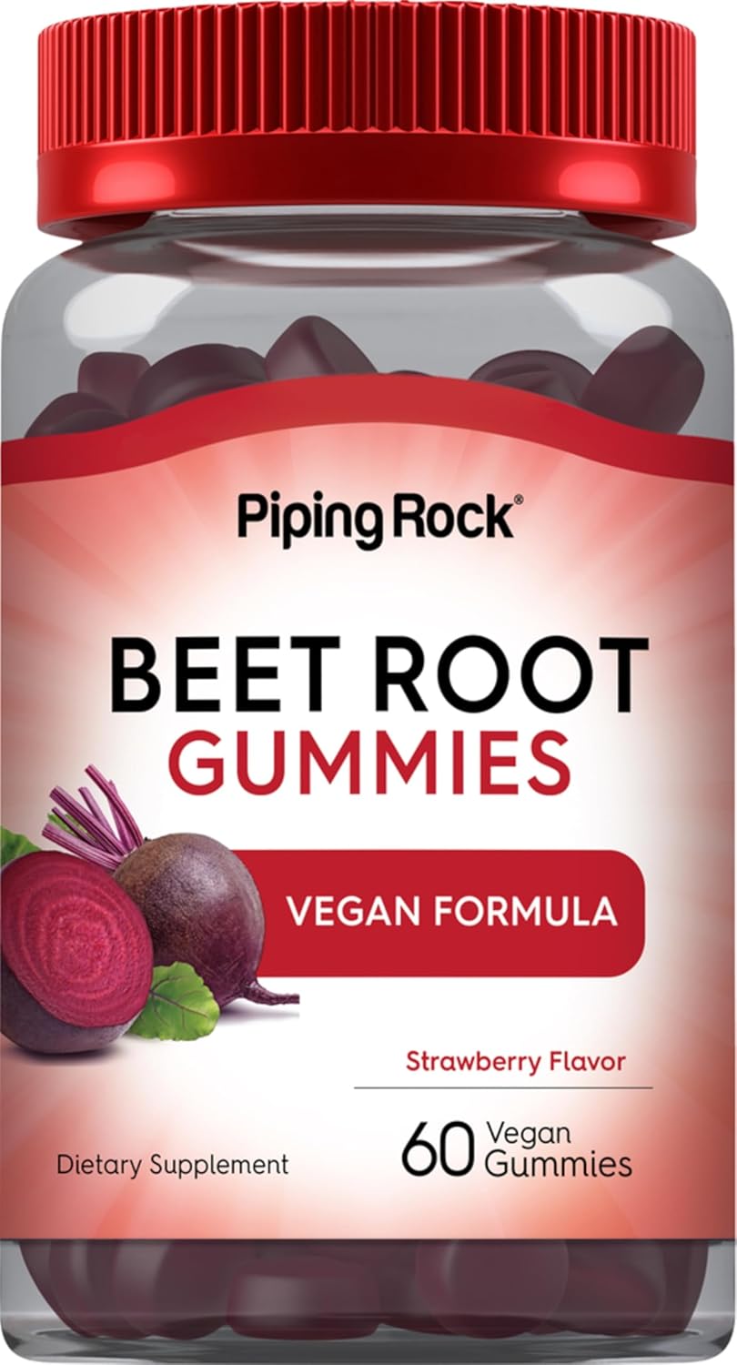Piping Rock Beet Root Gummies | 60 Count | With Nitrates And Black Pepper Extract | Nitric Oxide Supplement | Strawberry Flavor | Vegan, Non-Gmo, Gluten Free