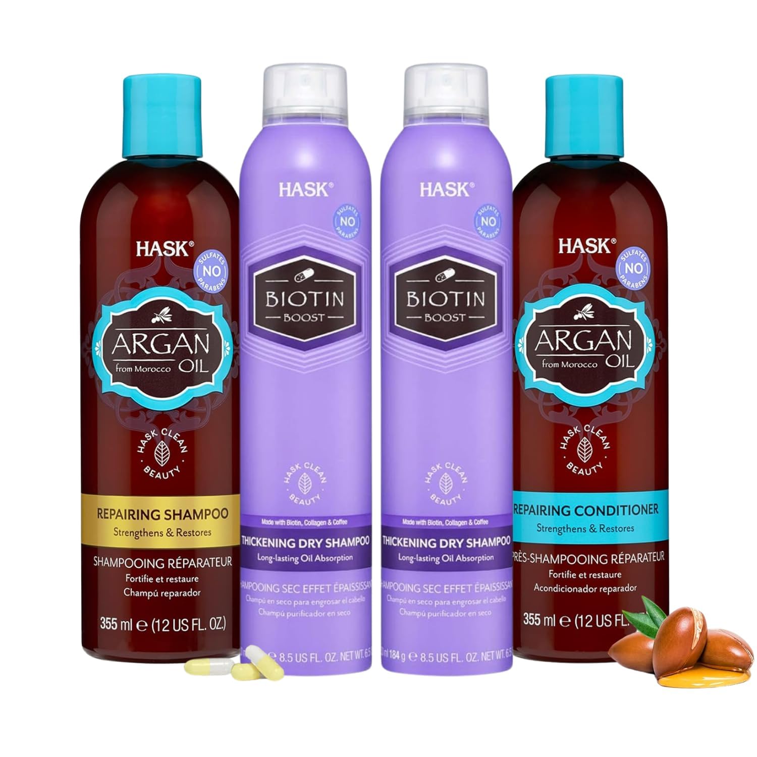 Hask Argan X Biotin Dry Set Collection: 1 Argan Shampoo And Conditioner Set & 1 Biotin Dry Shampoo Set