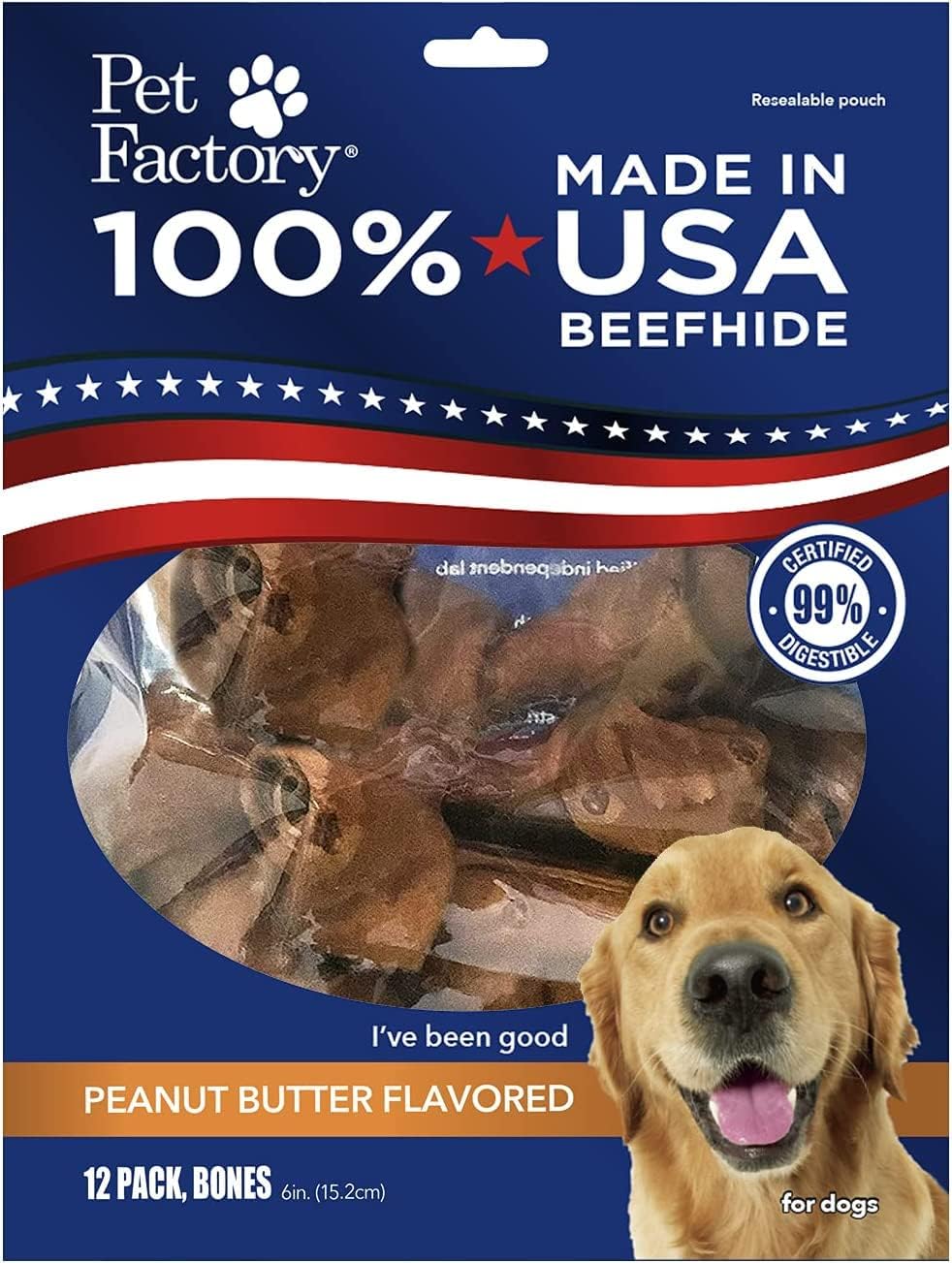Pet Factory 100% Made In Usa Beefhide 6" Knotted Bones Dog Chew Treats - Peanut Butter Flavor, 12 Count/1 Pack