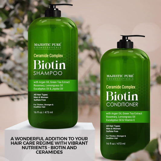 MAJESTIC PURE Biotin Shampoo and Conditioner Set - With Essential Oils & Ceramides - Helps Hair Growth, Thickening, Dry & Colored Hair - Sulfate Free - For All Hair Types - Men & Women - 16 fl oz each