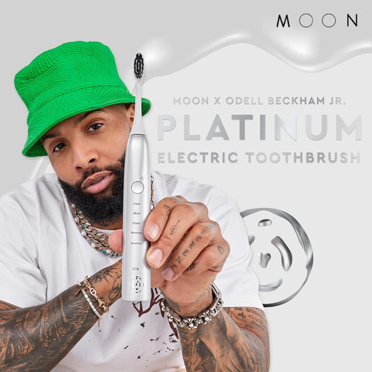 MOON Sonic Electric Toothbrush for Adults, 5 Smart Modes to Clean, Whiten, Massage and Polish Teeth, Rechargeable with Travel Case, Platinum, Co-Created with Odell Beckham Jr