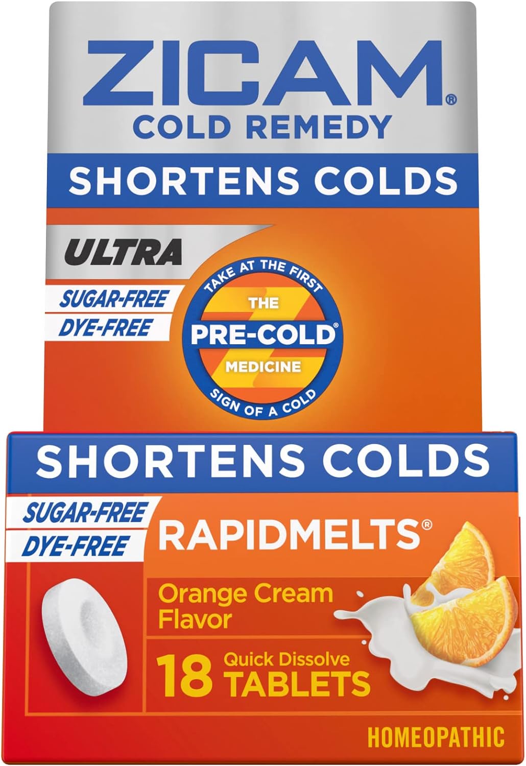 Zicam Ultra Cold Remedy Zinc Rapidmelts, Orange Cream Flavor, Homeopathic, Cold Shortening Medicine, Shortens Cold Duration, Sugar-Free, Dye-Free, 18 Count