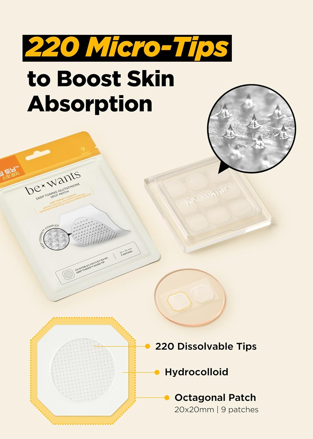 K-Beauty Bewants Deep Toning Glutathione Spot Patch - Korean Skincare | Micro Tip Patches For Improving Skin Elasticity, Texture, Blemishes & Pigmentation | 9 Patches Per Package