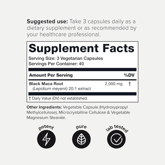 40,000Mg Pure Black Maca Root Extract - Ultra Concentrated 20:1 Single Origin Wildcrafted Third-Party Tested Black Maca Powder Capsules For Men & Women - Peruvian Black Macca Root Powder -120 Veg Caps