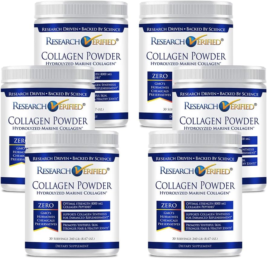 Research Verified® Collagen Powder - Hydrolyzed Marine Collagen - Unflavored - Skin Hydration And Elasticity, Muscle Recovery, Non Gmo - 30 Scoops Per Container - 6 Month Supply