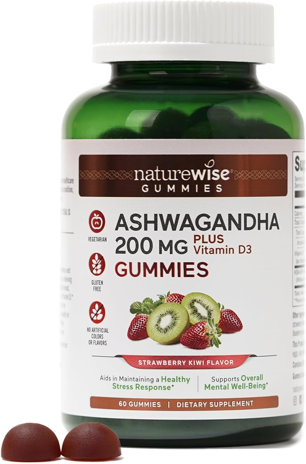 Naturewise Ashwagandha Gummies - Strawberry Kiwi - Ksm-66 Ashwagandha With Vitamin D3 - Calming Mood Support - Vegetarian - Non-Gmo, Gelatin And Gluten Free - 60 Count[1-Month Supply]