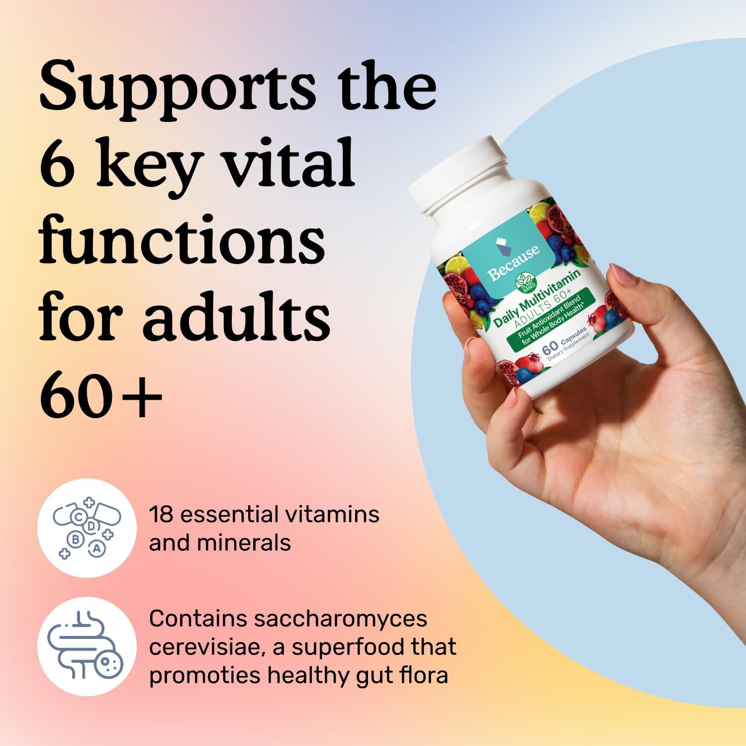 Because Multivitamin Adults 60+, Multimineral Supplement, C, and B-Vitamins, Gluten Free, Non-GMO capsules, Supports Memory & Vitality, Iron free - 600mg Serving : Health & Household