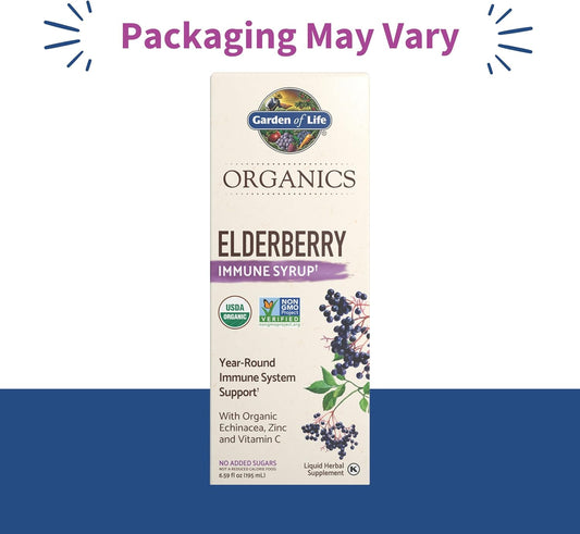 Garden Of Life Organics Plant-Based Elderberry Immune Syrup 6.59 Fl Oz (195 Ml) For Kids & Adults: Sambucus, Echinacea, Zinc & Vitamin C, 0G Sugar, Organic Vegan Gluten Free Herbal Supplement