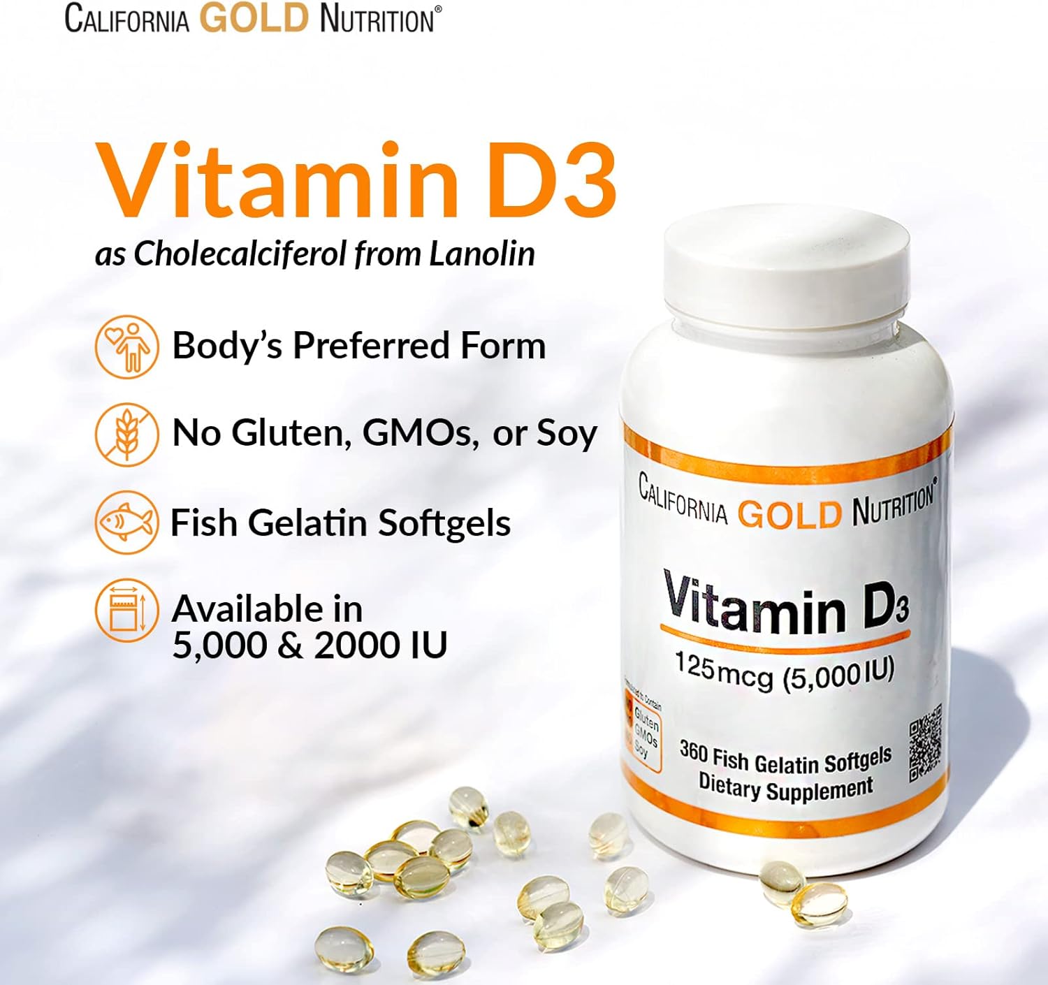 California Gold Nutrition Vitamin D3, 125 mcg (5,000 IU), 360 Fish Gelatin Softgels, 5 Pack : Health & Household