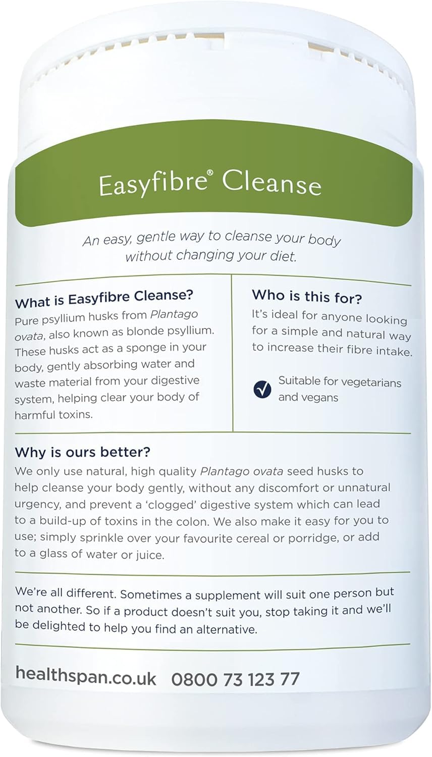 Healthspan Easyfibre Cleanse (300g) | 100% Pure Psyllium Husks Providing a Natural & Simple Solution to Help Increase Your Fibre Intake | Digestive Health | Vegan : Amazon.co.uk: Health & Personal Care