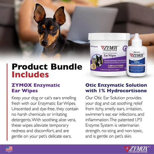 Zymox Otic Ear Solution And Enzymatic Ear Wipes For Dogs And Cats - Product Bundle - For Dirty, Waxy, Smelly Ears And To Soothe Ear Infections, 100 Count Wipes And 1.25Oz Bottle