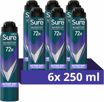 Sure Men Nonstop Protection Active Dry Antiperspirant Deodorant With Body Heat Activated Technology Spray For 72-Hour Odour And Sweat Protection 6X 250 Ml