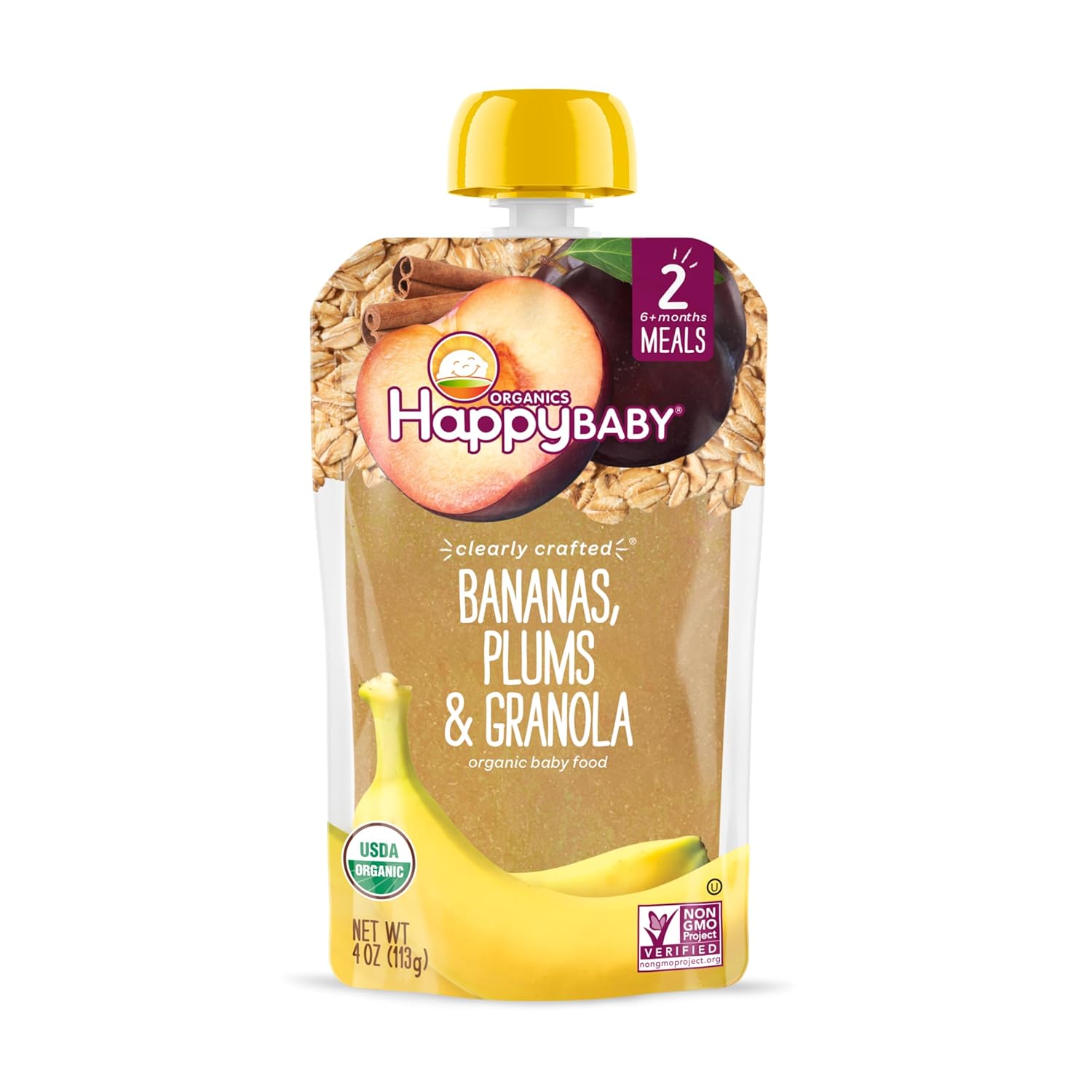 Happy Baby Organics Stage 2 Baby Food Pouches, Gluten Free, Vegan & Healthy Snack, Clearly Crafted Fruit & Veggie Puree, Apples, Bananas, Plums & Granola, 4 Ounces (Pack of 16) : Baby