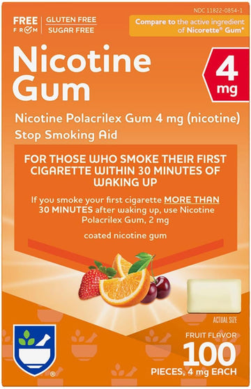 Rite Aid Nicotine Gum, 4 Mg - 100 Count | Quit Smoking Aid | Nicotine Replacement Gum (Fruit)