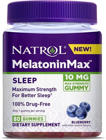 Natrol Melatonin Max Sleep Aid Gummy, 10mg per Gummy, Maximum Strength for Better Sleep, Drug Free and Gelatin Free, 80 Blueberry avored