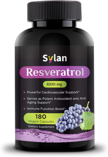 Sylan Trans Resveratrol Supplement, 1000Mg, 180 Veggie Capsules, Antioxidant, Supports Heart, Joint, Brain, Immune Health & Anti-Aging, Non-Gmo, Made In Usa, Resveratrol 500Mg Powder Per Capsul