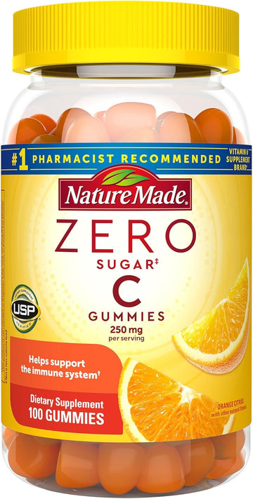 Nature Made Zero Sugar Vitamin C Gummies 250 Mg Per Serving, Immune & Antioxidant Support, 100 Sugar Free Gummies, 50 Day Supply