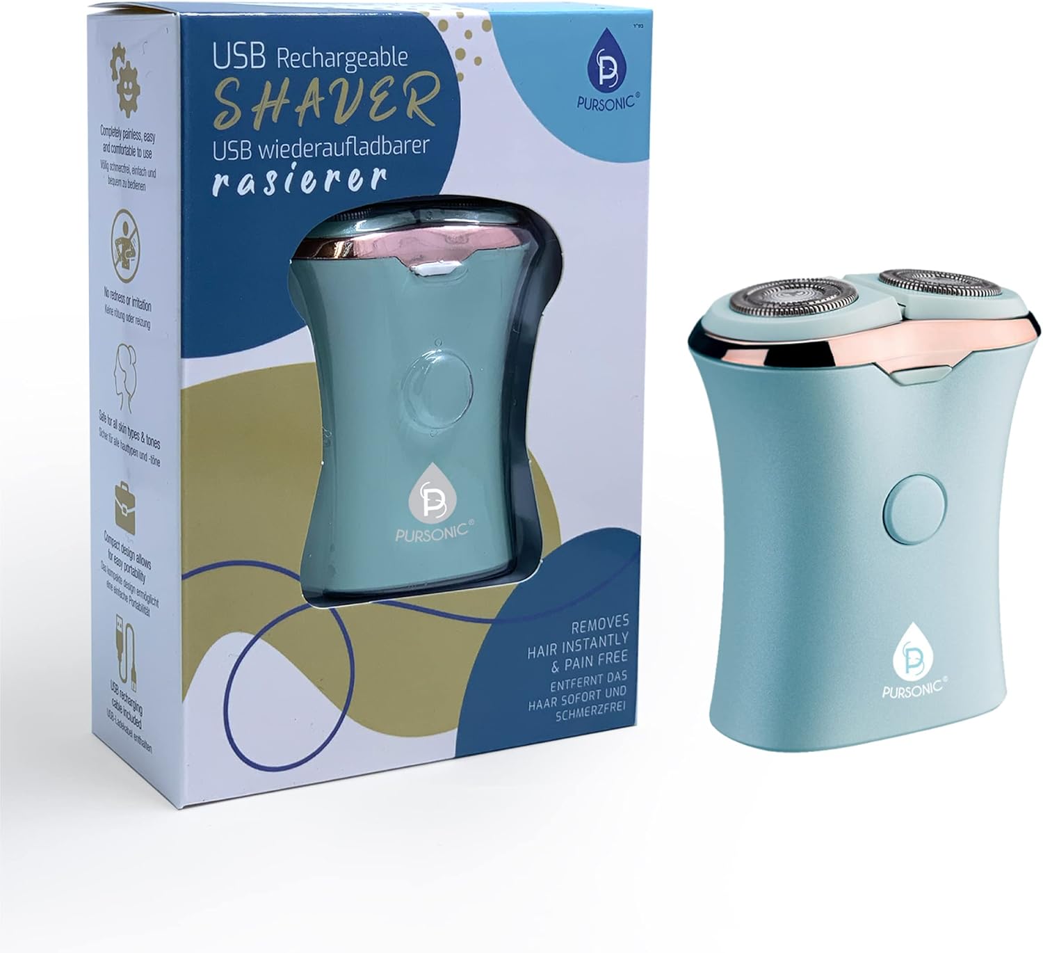 Pursonic Usb Rechargeable Ladies Shaver, Removes Hair Instantly & Pain Free, Perfect Design Is Great For Legs, Bikini, Arms And Ankles! (Aqua)
