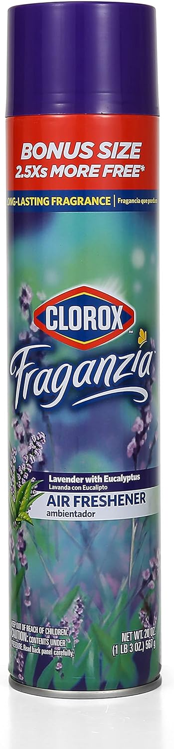 Clorox Fraganzia Aerosol Air Freshener in Lavender with Eucalyptus Scent | Long-Lasting Air Freshener Spray | 20 Oz Bonus Size | Room Air Freshener | Lavender Spray, Odor Eliminator