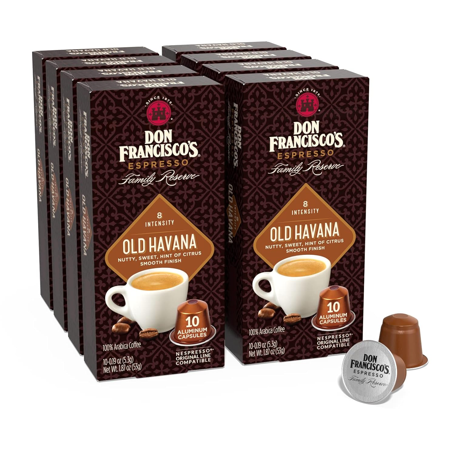 Don Francisco’s Old Havana Espresso Capsules, 80-Count Aluminum Recyclable Pods, Intensity 8, Compatible with Original Nespresso Machines