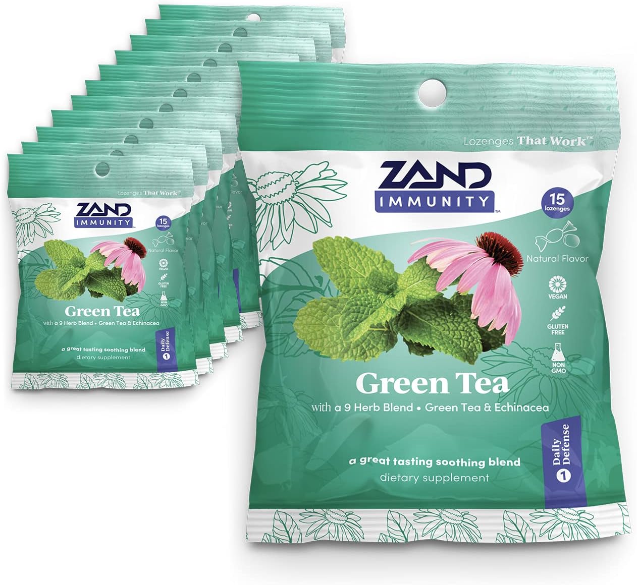 ZAND Immunity Green Tea HerbaLozenge | Throat Drops w/Echinacea & Eucalyptus | No Corn Syrup (12 Bags, 15 Lozenges)