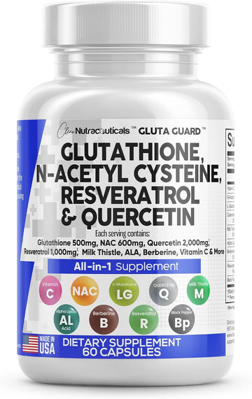 Clean Nutraceuticals Glutathione 500Mg Supplement With Vitamin C N Acetyl Cysteine 600Mg Berberine 1000Mg Resveratrol Quercetin Alpha Lipoic Acid - Reduced L Glutathion Free Form Women 60 Ct Usa Made