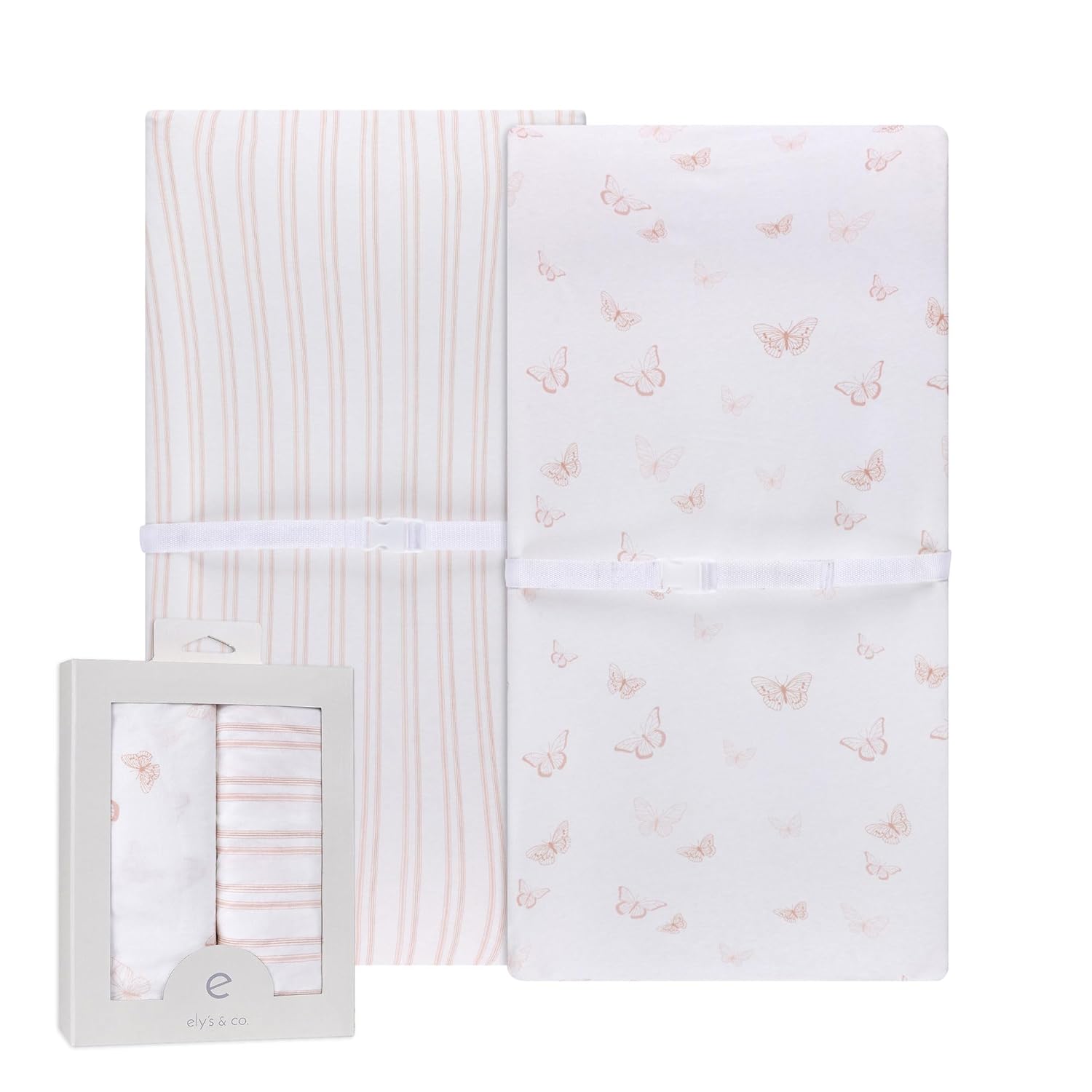 Ely'S & Co. Changing Pad Cover - Cradle Sheet Set 2 Pack 100% Jersey Cotton For Baby Girl Pink Butterflies + Stripes