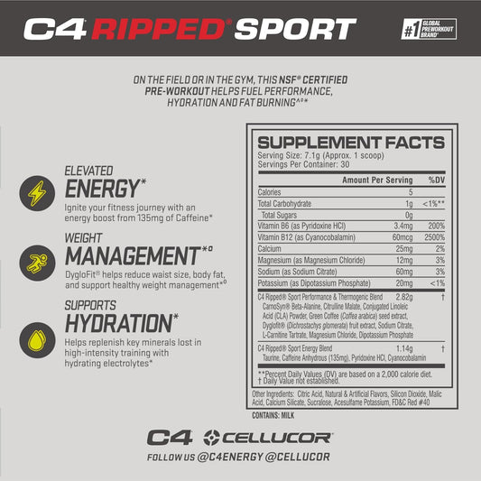 C4 Ripped Sport Pre Workout Powder Fruit Punch - Nsf Certified For Sport + Sugar Free Preworkout Energy Supplement For Men & Women | 135Mg Caffeine | 30 Servings