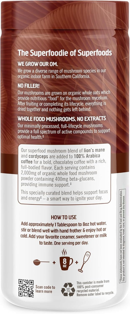 Om Mushroom Superfood Coffee Blend Mushroom Powder, 6.24 Ounce Canister, 30 Servings, Organic Arabica Beans, Lion'S Mane, Cordyceps, Turkey Tail, Ginkgo Biloba, Supports Energy And Focus