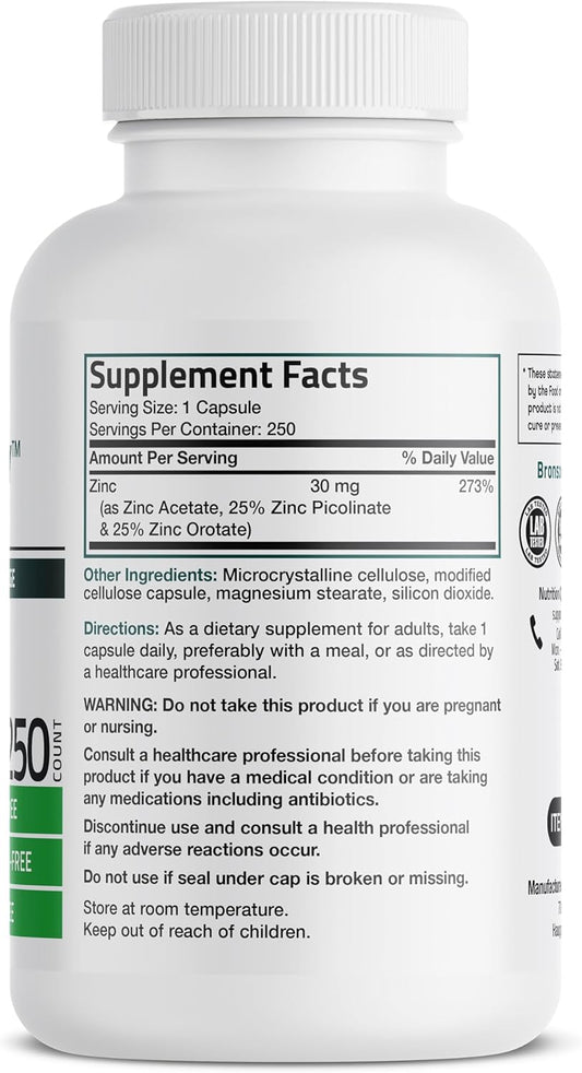 Bronson Zinc Triple Play 30 Mg Triple Coverage Immune Support Zinc Supplement With Zinc Acetate, Picolinate & Orotate - Immune, Antioxidant & Skin Health Support - 250 Vegetarian Capsules