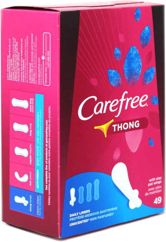 Carefree Thong Pantiliners, Regular Protection, Unscented, 196 Pantiliners (4 X 49 Count Boxes)