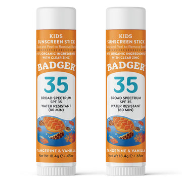 Badger Kids Sunscreen Stick Spf 35 With Mineral Zinc Oxide, Travel Size Sunscreen Stick For Kids, 97% Organic Ingredients, Reef Friendly, Broad Spectrum, Water Resistant, 65 Oz (2 Pack)