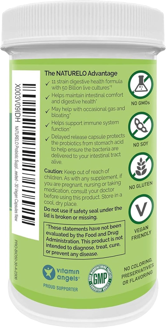 NATURELO Probiotic - Ultra Strength - 50 Billion CFU - 11 Lacto & Bifido Strains - One Daily - Gut-Friendly Bacteria - No Refrigeration Needed - 30 Vegan Capsules | 1 Month Supply