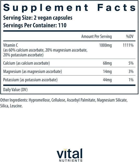 Vital Nutrients Buffered Vitamin C 500Mg | Vegan Gentle Vitamin C For Sensitive Individuals* | Immune Support Supplement* | Gluten, Dairy And Soy Free | Non-Gmo | 220 Capsules