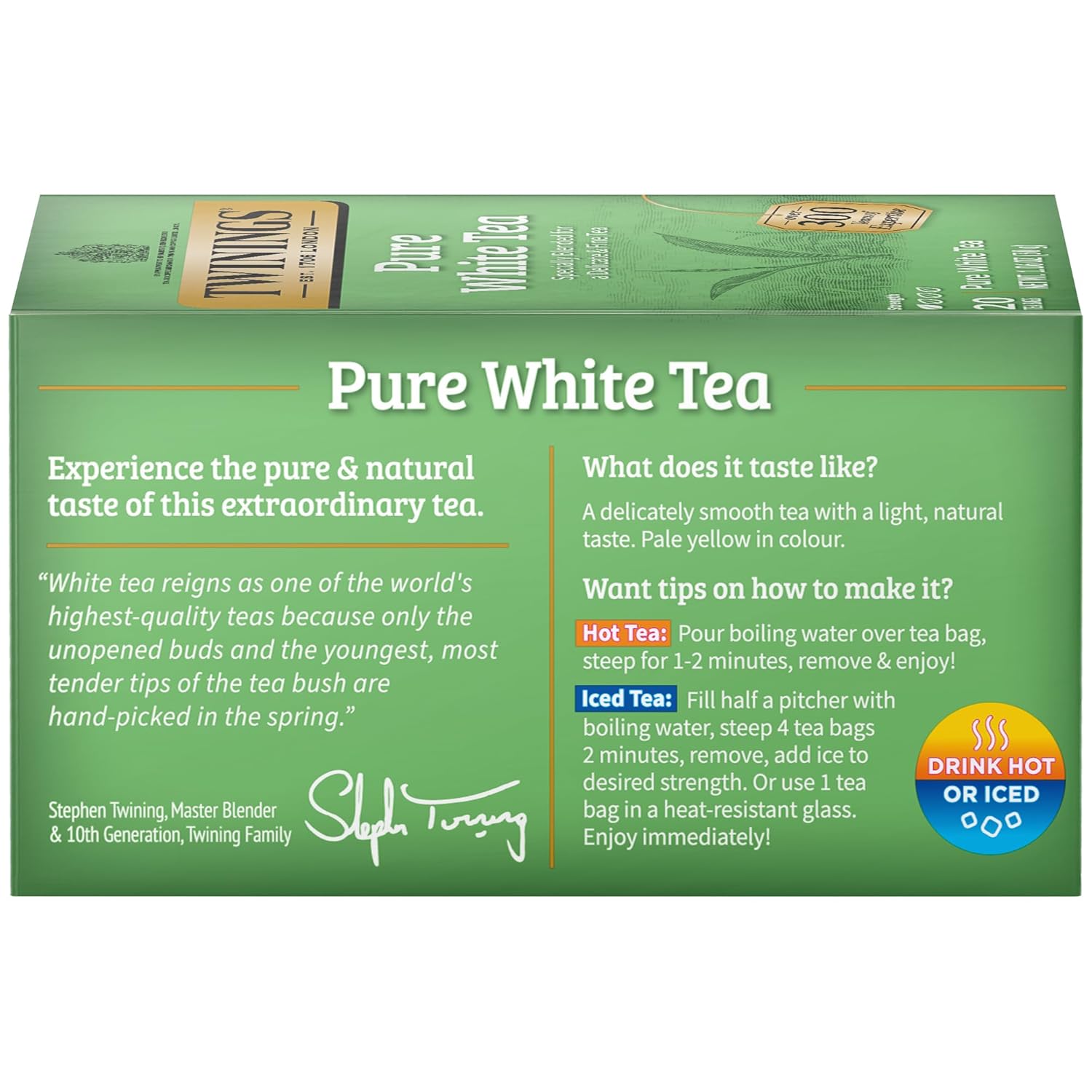 Twinings Pure White Tea Individually Wrapped Bags, 20 Count (Pack Of 6), Light & Fresh, Caffeinated, Enjoy Hot Or Iced | Packaging May Vary