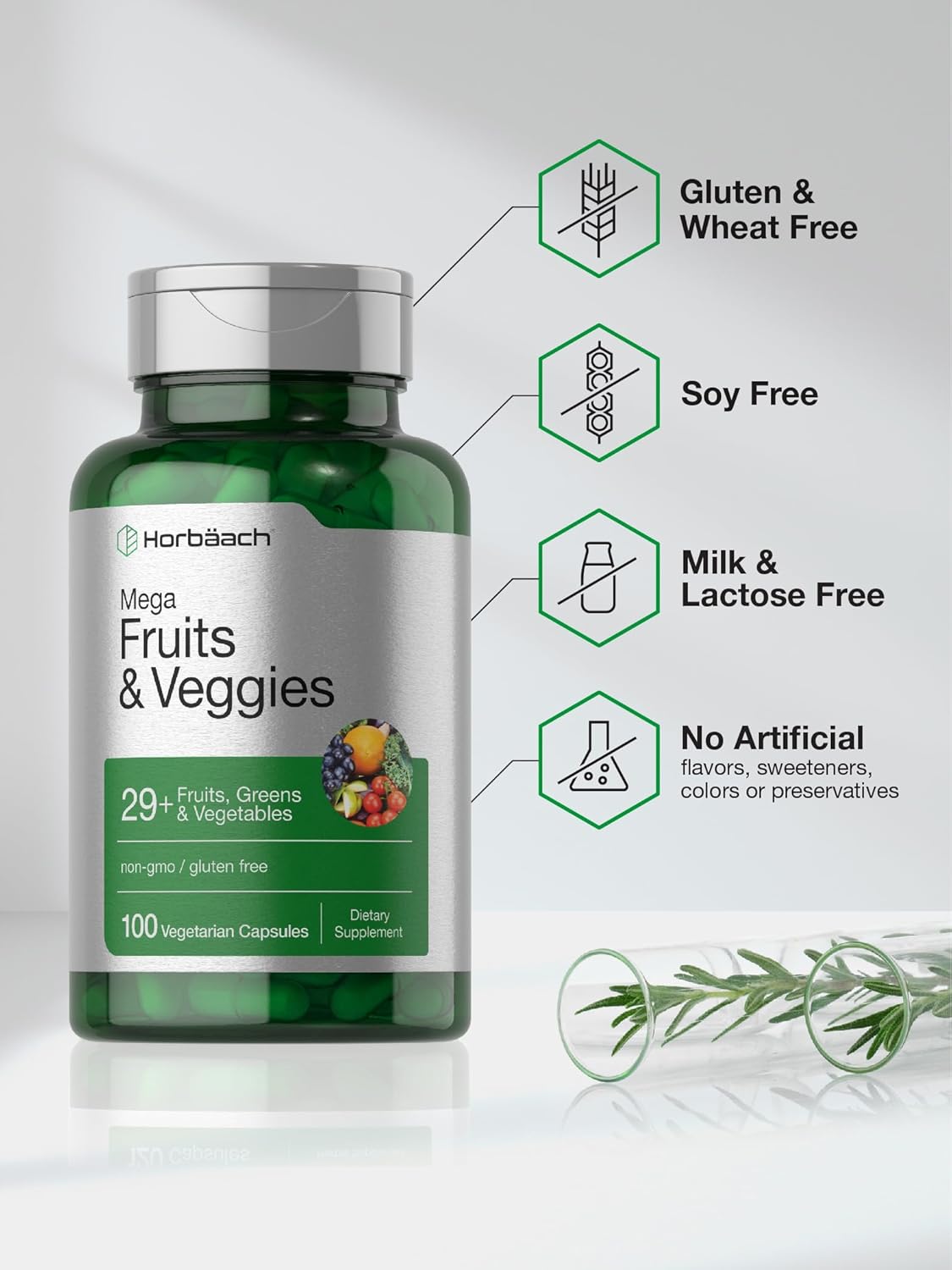 Horbäach Mega Fruits and Veggies Supplement | 100 Capsules | Vegetarian, Non-GMO and Gluten Free : Health & Household