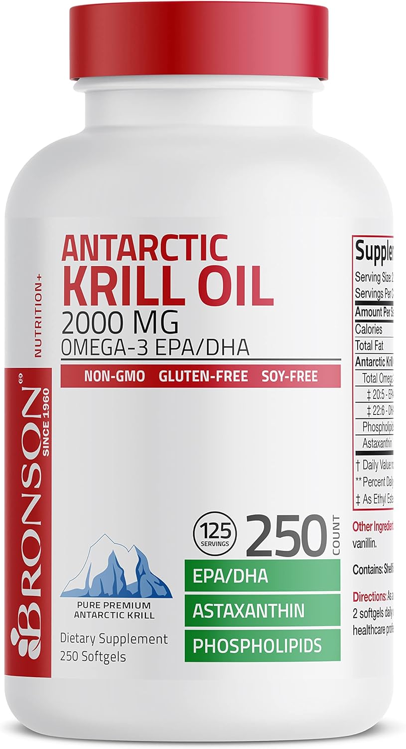 Bronson Antarctic Krill Oil 2000 mg with Omega-3s EPA, DHA, Astaxanthin and Phospholipids, 250 Softgels (125 Servings) : Health & Household