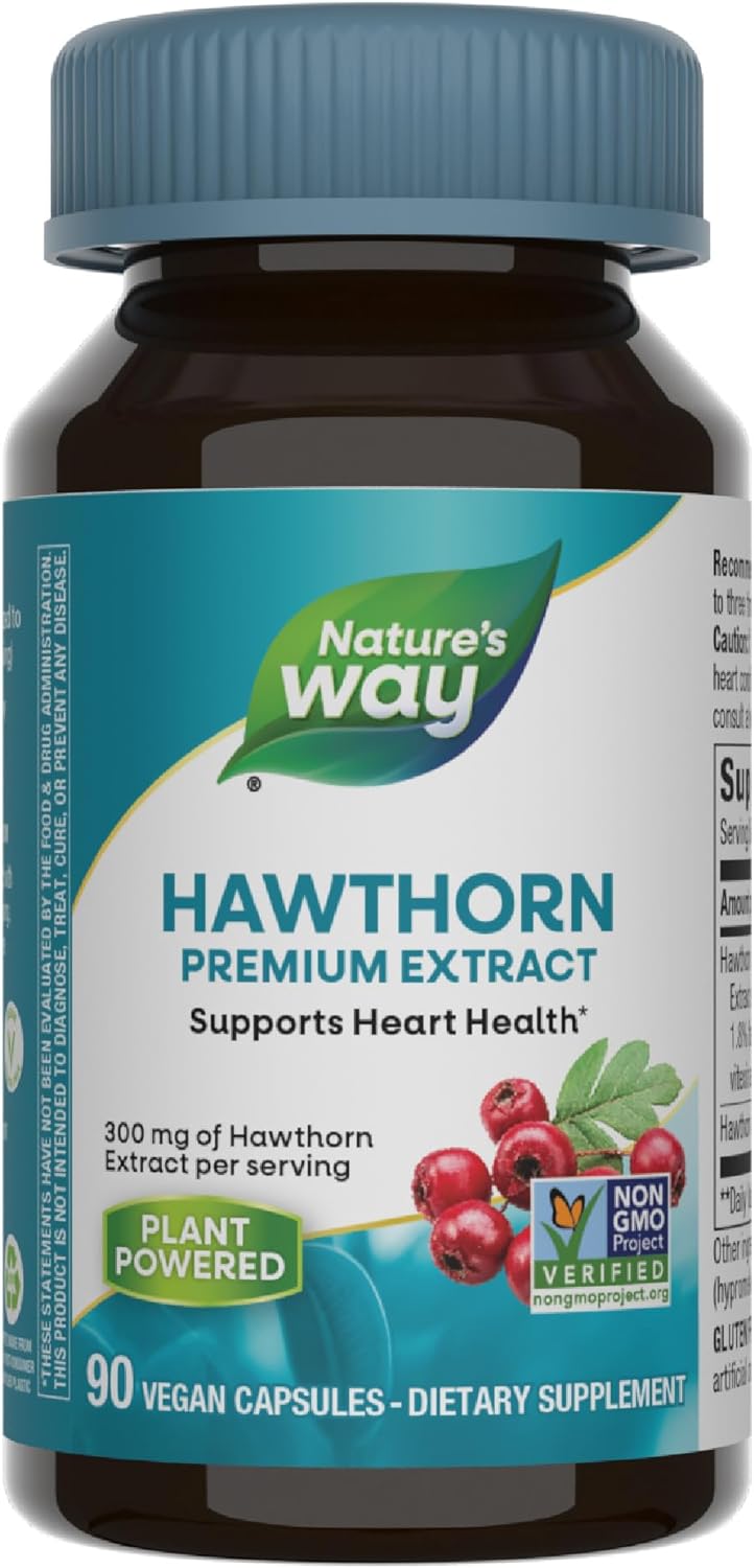 Nature's Way Hawthorn, Premium Extract, Support Heart Health*, Standardized to 1.8% Flavonoids, Non-GMO Project Verified, Vegan, 90 Capsules (Packaging May Vary)