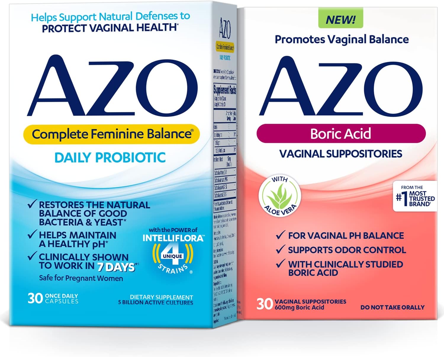 AZO Boric Acid Vaginal Suppositories (30 ct) + Complete Feminine Balance Daily Probiotics for Women (30 ct)