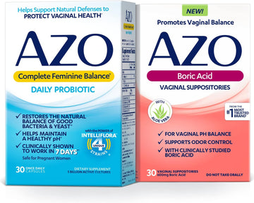 Azo Boric Acid Vaginal Suppositories (30 Count) + Complete Feminine Balance Daily Probiotics For Women (30 Count)