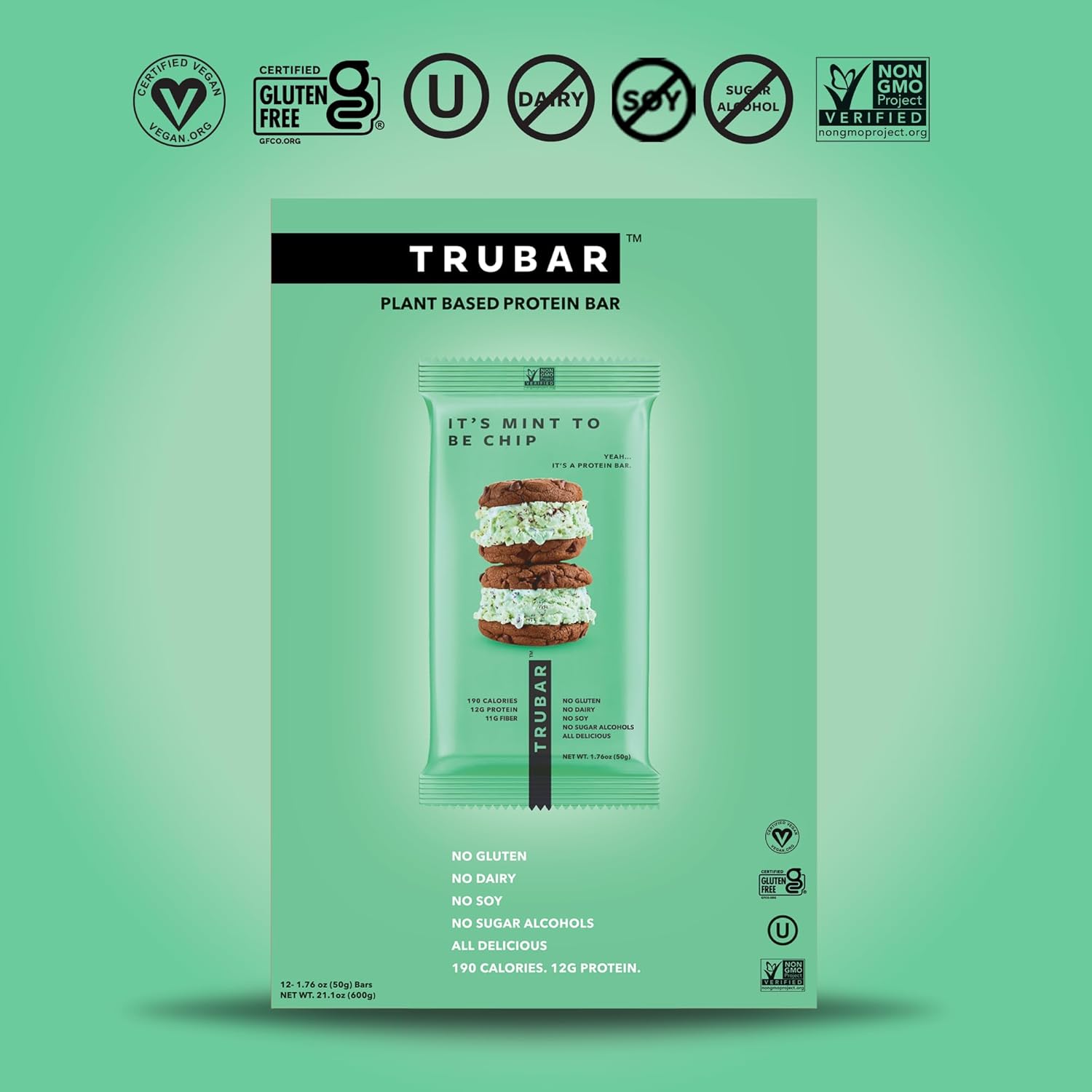 TRUBAR Vegan Protein Bar, It’s Mint to Be Chip, Gluten Free, Plant Based Protein, Dairy Free, Non GMO, Soy Free, No Sugar Alcohols, 12G Protein, 12G Fiber, 23G Carb, on the Go Snack Bars, 12 CT : Health & Household