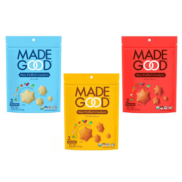 Madegood Star Puffed Crackers Variety Pack - Sea Salt, Cheddar, And Pizza (6 Bags - 4.26 Oz Each) Gluten Free And Organic Crackers