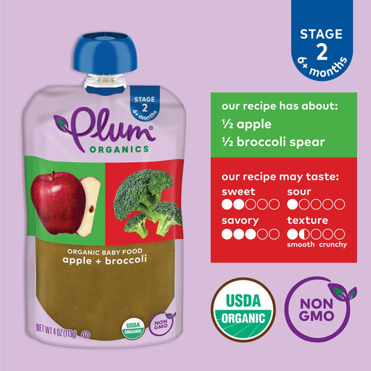 Plum Organics Stage 2 Organic Baby Food - Apple And Broccoli - 4 Oz Pouch (Pack Of 4) - Organic Fruit And Vegetable Baby Food Pouch