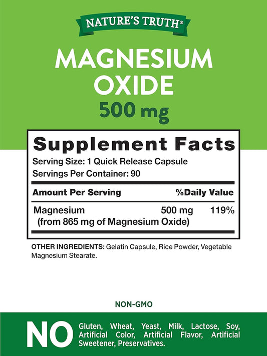 Magnesium Oxide 500Mg Capsules | 90 Count | Non-Gmo & Gluten Free High Strength Supplement | By Nature'S Truth