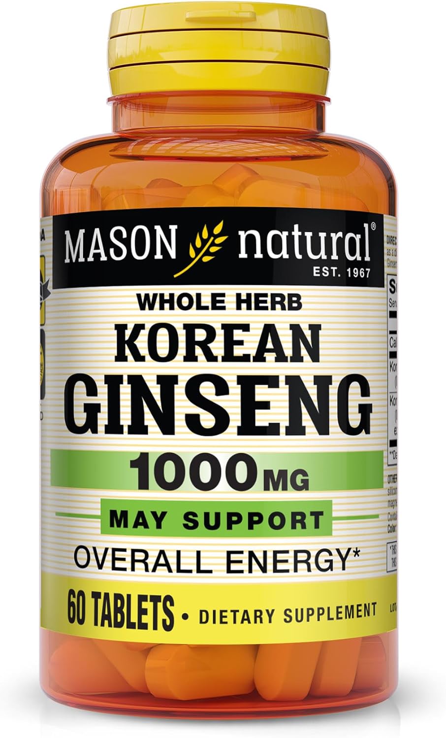 MASON NATURAL Korean Ginseng 1000 mg - Supports Overall Energy and Performance, Improved Endurance and Vitality, 60 Tablets