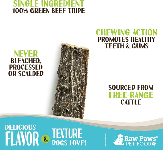 Raw Paws Green Beef Tripe Sticks For Dogs - 6-Inch, 10-Pack - Packed In Usa - Dried Tripe Dog Treats From Free-Range, Cows No Added Antibiotics Or Hormones - Dehydrated Beef Green Tripe For Dogs