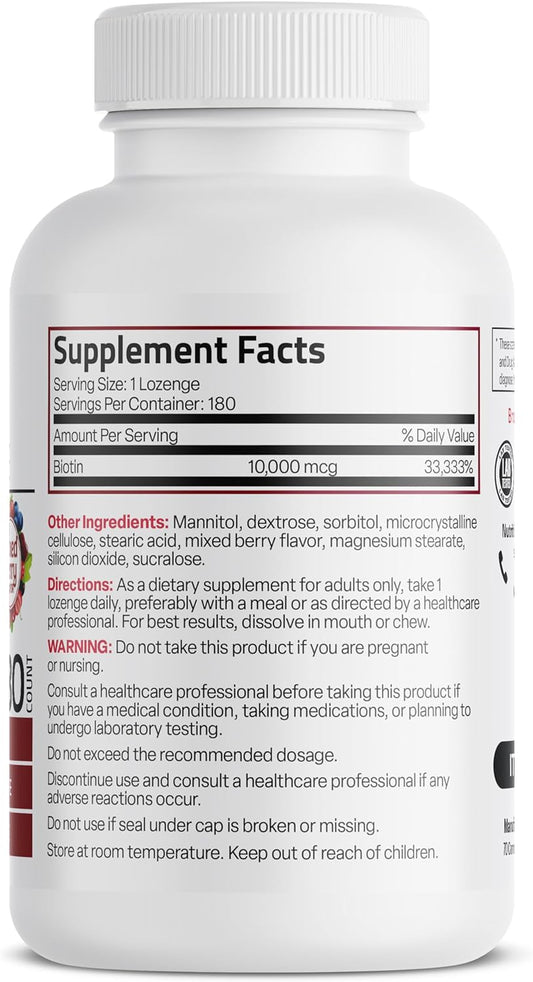 Bronson Biotin 10,000 Mcg Lozenges Fast Dissolve High Potency Supports Hair, Skin & Nails Mixed Berry Flavor - Non-Gmo, 180 Vegetarian Lozenges